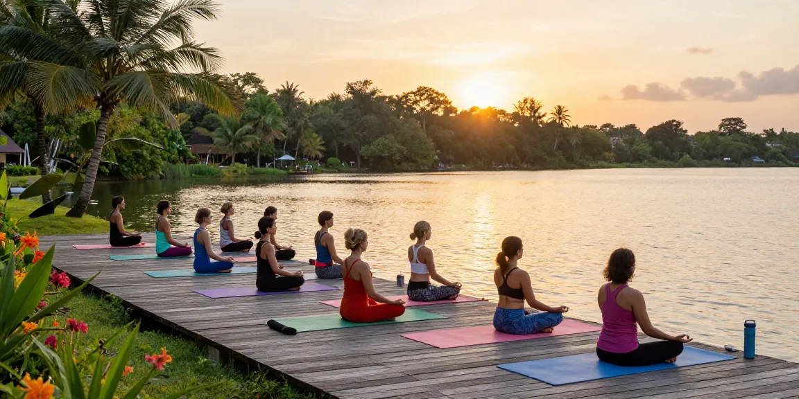 Participants enjoying the best yoga retreats Sri Lanka 2026 at stunning lakeside location, practicing meditation during sunset.