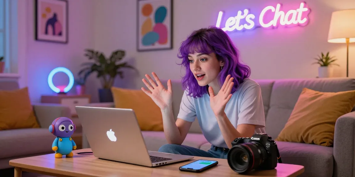 Energetic NSFW chat scene with a young woman engaging with a digital character, modern decor and warm lighting creating an inviting atmosphere.