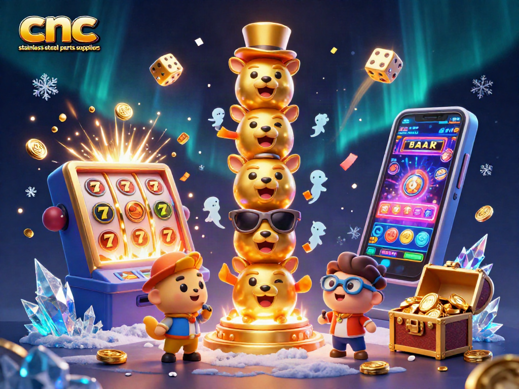 Cnc stainless steel parts suppliers showcase vibrant casino elements with slot machines and golden treasures.
