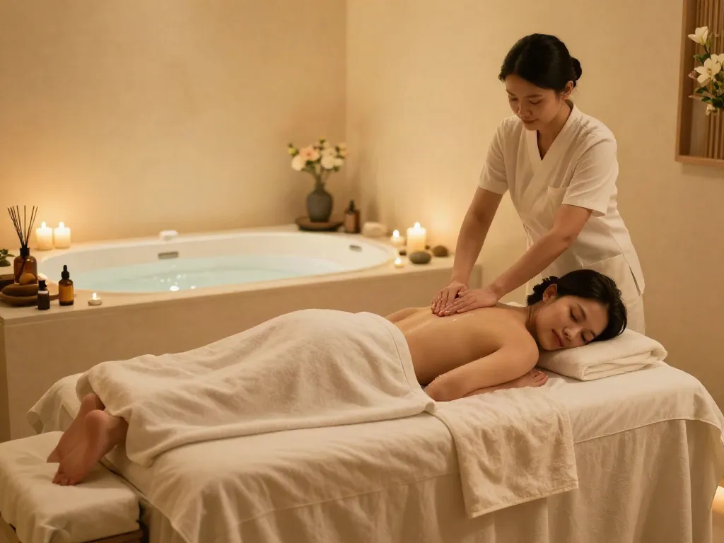 다낭 밤문화와 함께하는 럭셔리 스파 치료실 풍경, 편안한 마사지 치료와 고급스러운 분위기.