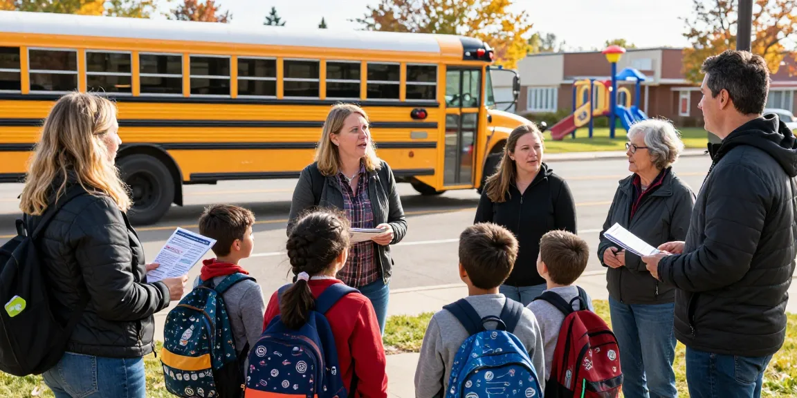 Jodi Ruta engaging parents about bus safety initiatives, highlighting Clinton Orr's advocacy.