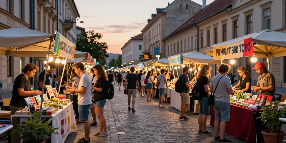 Where To Buy Top Quality Weed In Budapest? Approved Guide featuring tourists in vibrant Budapest street market during sunset.