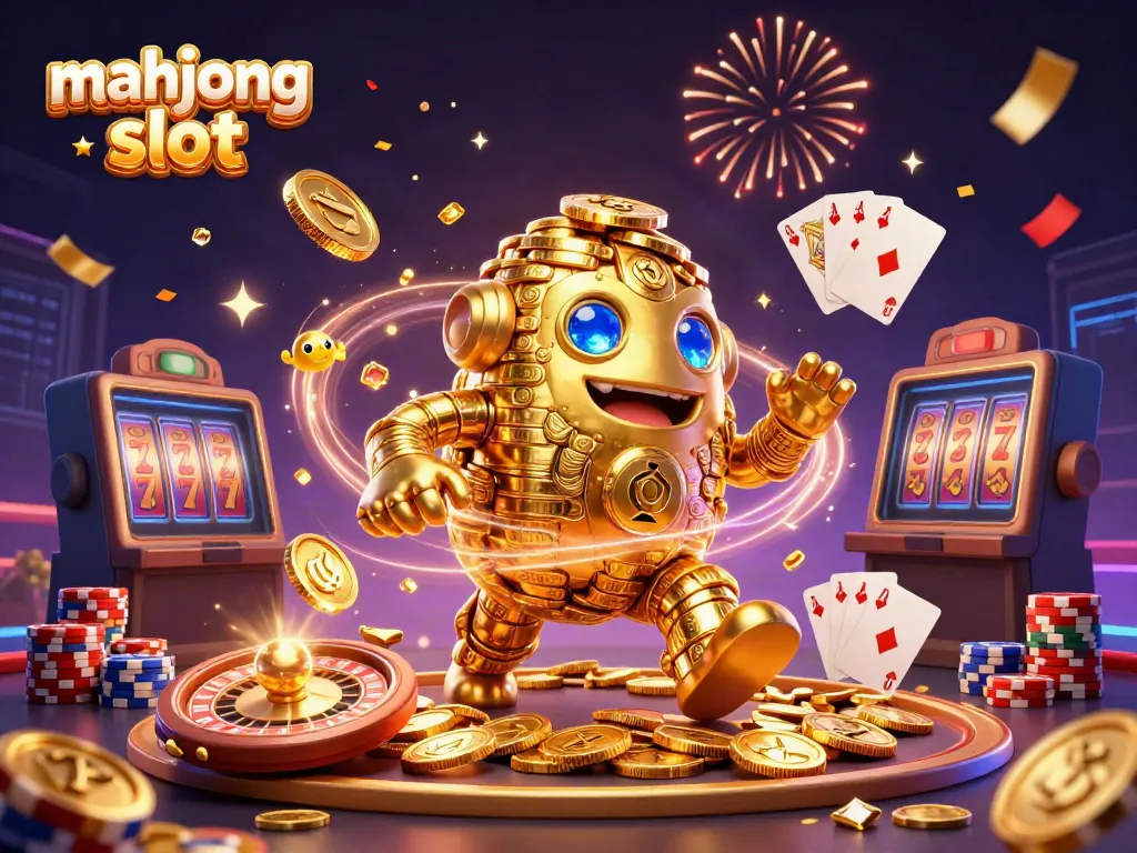Experience exciting wins with the mahjong slot in this vibrant casino scene featuring a golden golem.