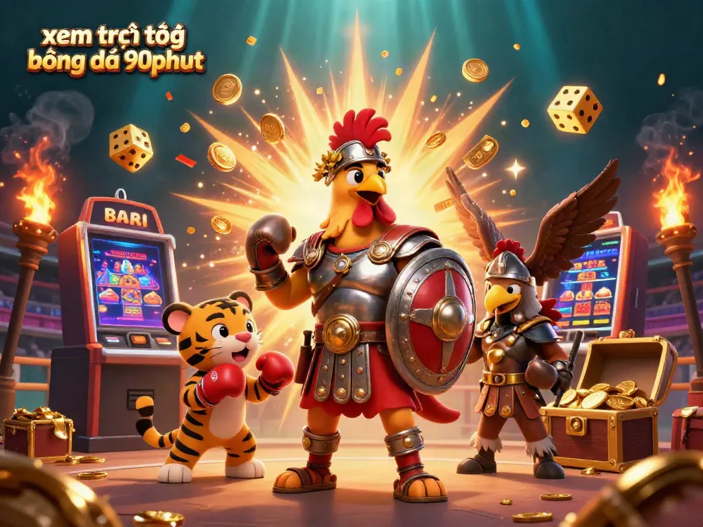 Experience xem trực tiếp bóng đá 90phut with a dynamic scene featuring a gladiator rooster, tiger cub, and exciting gaming elements.