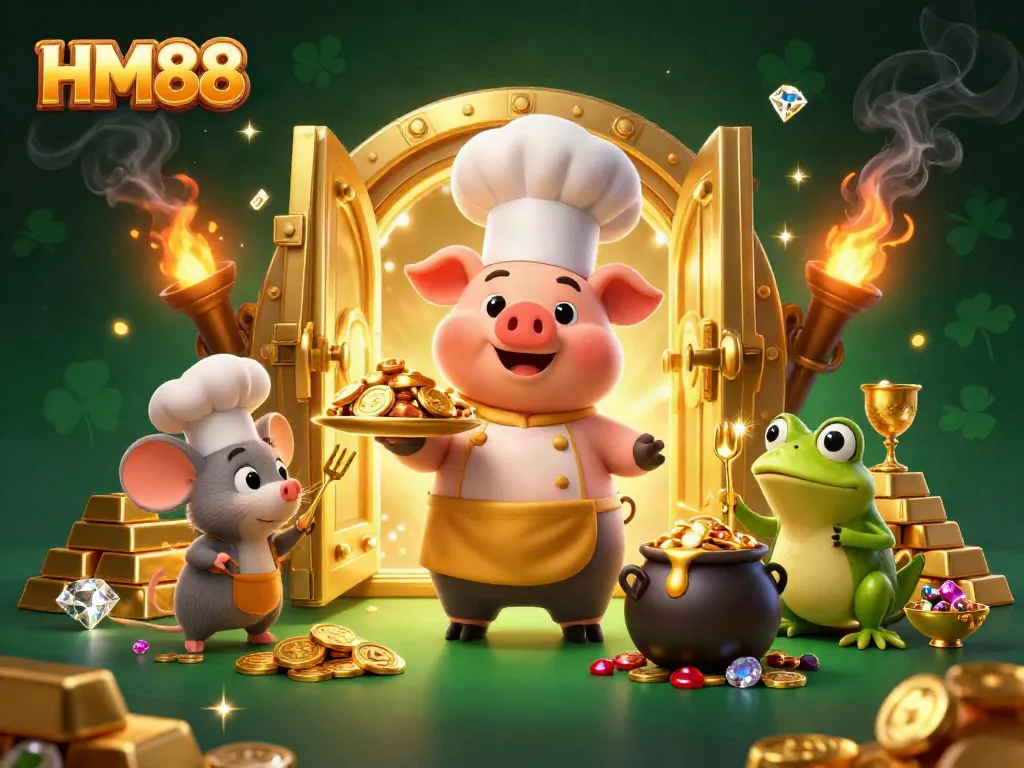 Experience gourmet play at HM88 with engaging characters amidst golden treasures in a vibrant casino scene.