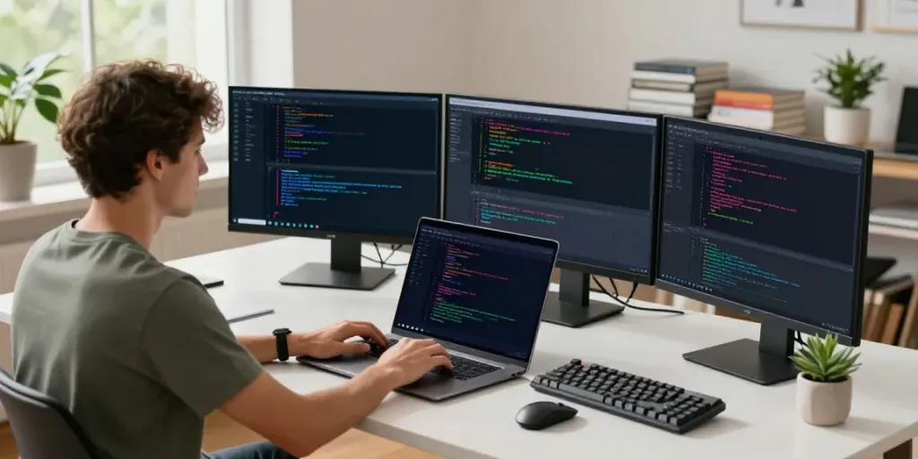 Developer coding with open-source tools at h5.2113.net workspace.