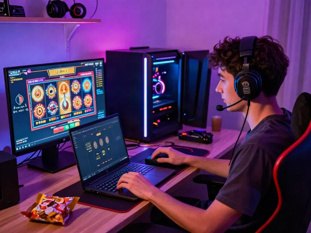 Player enjoying slot gacor game on laptop with vibrant LED gaming setup