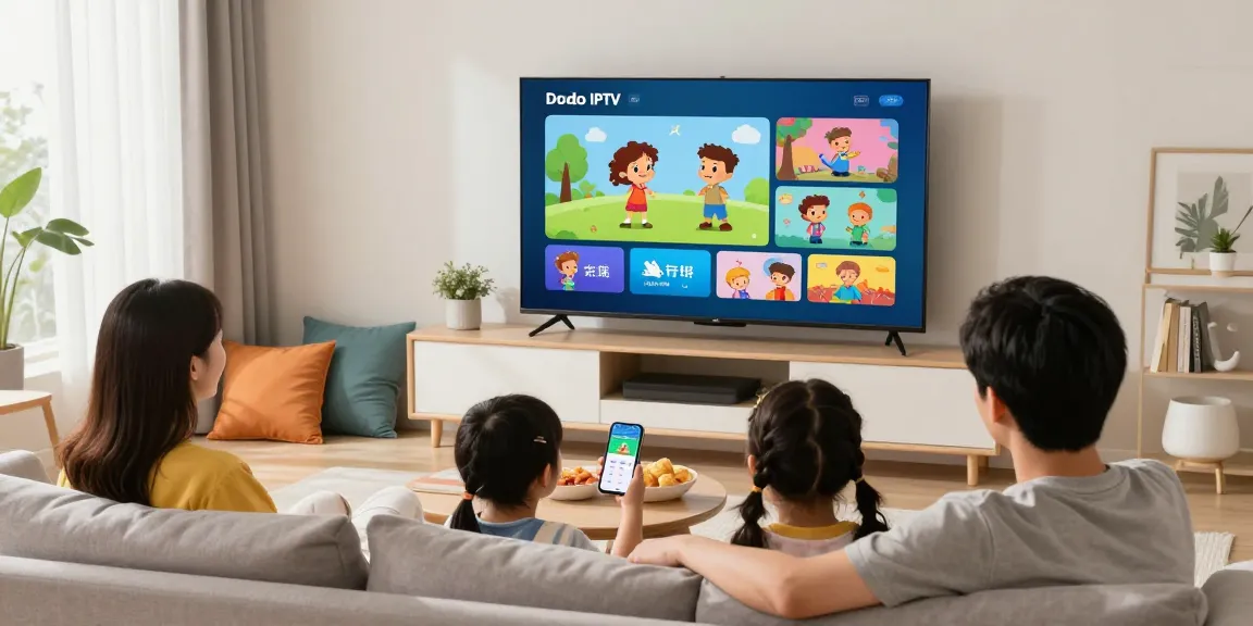 Family streaming IPTV on a large TV in a cozy living room.