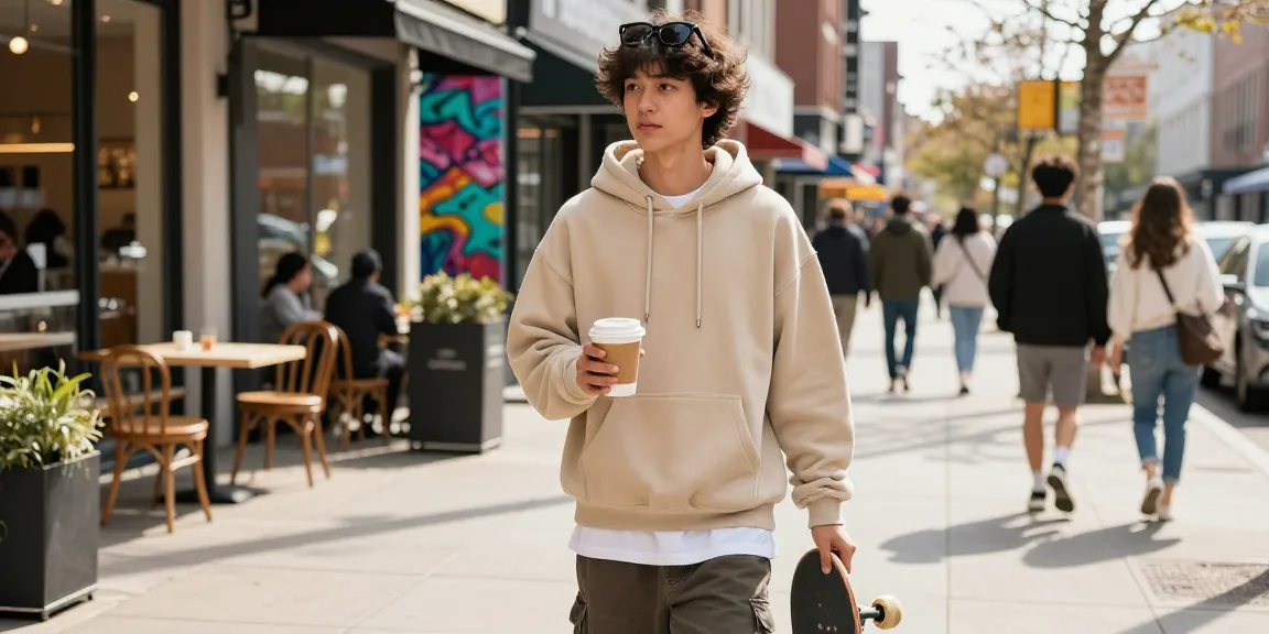 Stylish individual in essential hoodies walking down a city street, showcasing modern streetwear.