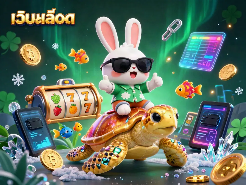 Experience thrilling เว็บสล็อต adventures with a cartoon rabbit and turtle in a vibrant casino scene.