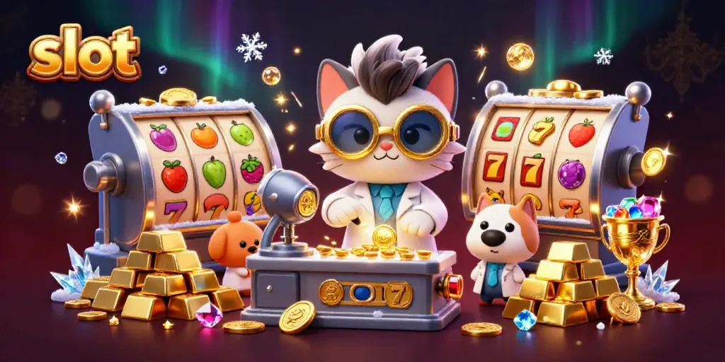 Experience thrilling slot action with vibrant symbols and golden treasure in this engaging illustration.