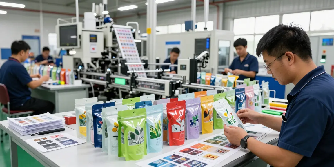 Stand up pouch production in a modern factory showcasing vibrant designs and skilled workers.