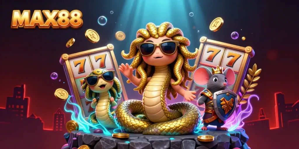 MAX88 casino illustration featuring Medusa, a warrior mouse, and slot elements surrounded by dynamic game items.
