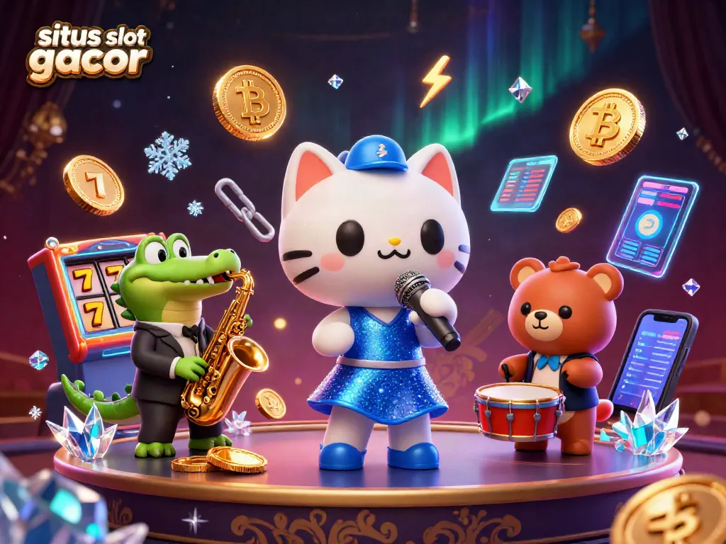 Situs slot gacor menampilkan kucing penyanyi jazz dalam gaun biru di panggung kasino, dikelilingi simbol slot dan koin crypto