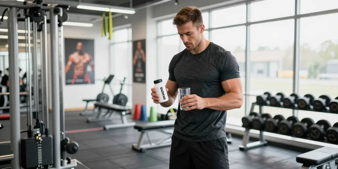 ブラビオンSの口コミを体験する男性がジムでサプリメントを飲むシーン