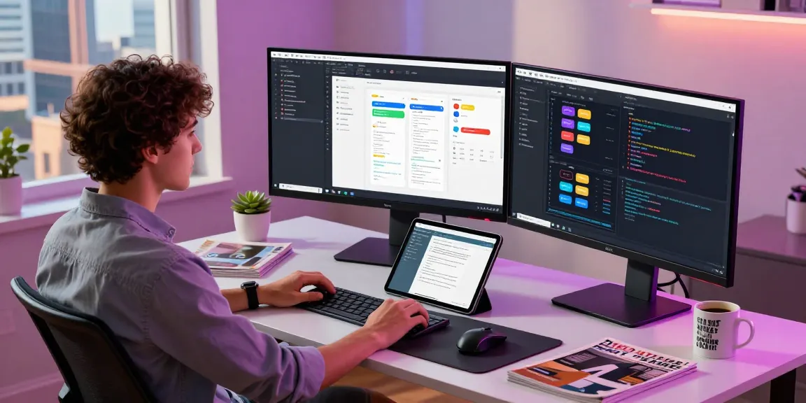 Developer at a modern tech workspace creating software for teiegramin.com with vibrant colors and dual monitors.