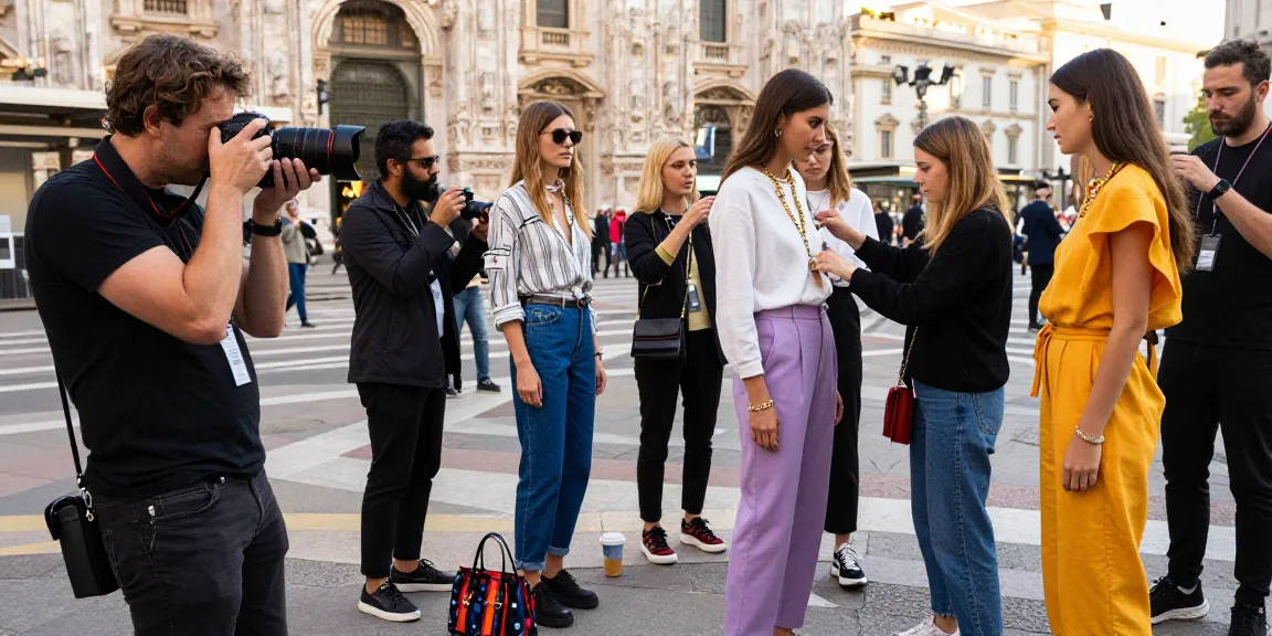 Un photographe professionnel à Milan capturant des modèles de mode avec des bijoux, mettant en avant les pièces créatives de la mode tout en travaillant dans une ambiance urbaine et dynamique, mettant