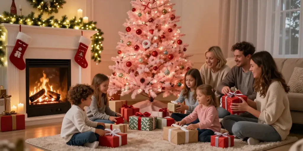 Festively decorated pink Christmas tree surrounded by joyful family during the holidays.
