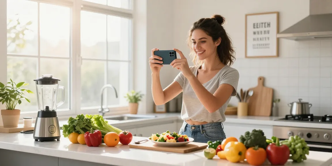 Healthy cooking scene showcasing the best nutrition tracking app usage with a woman photographing her meal.