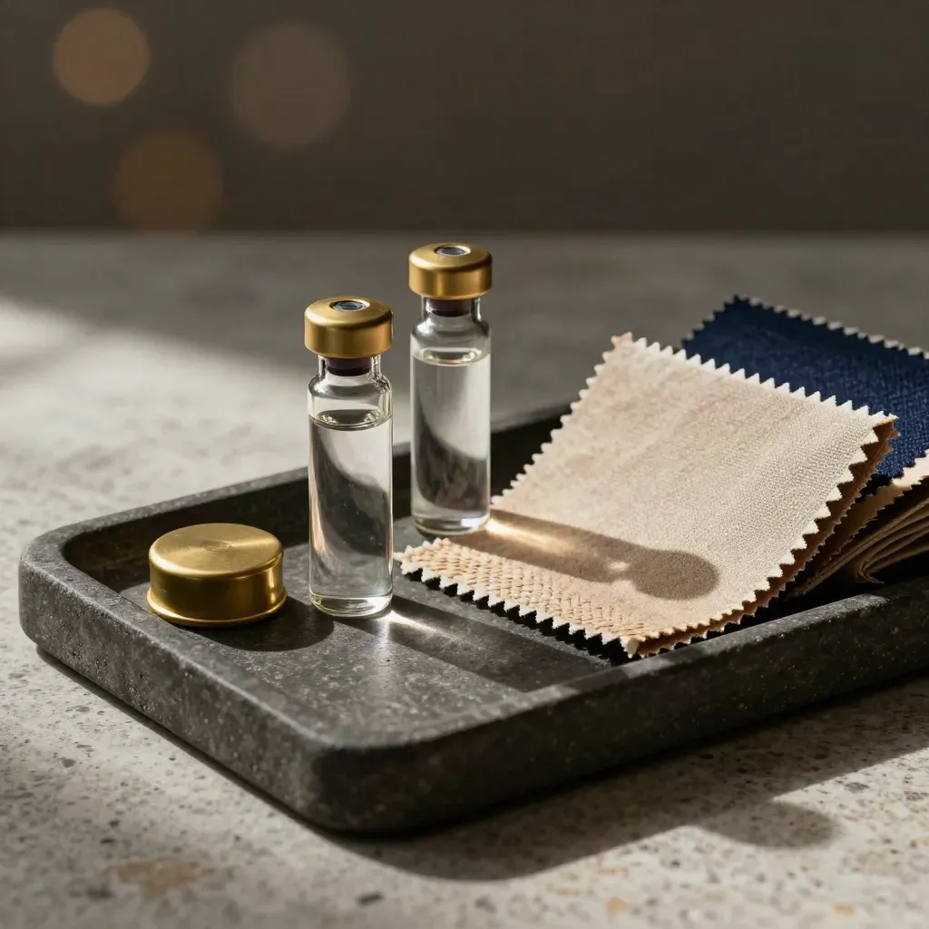 Stone tray with sample vials, brass cap, and folded swatches in dramatic studio light.