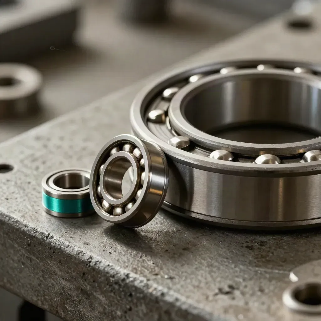 Bearing races, spacers, and graphite offcut on a machine bench with a teal accent.