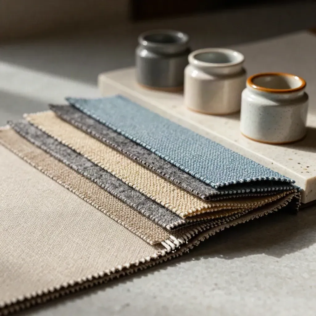 Fanned textile swatches, ceramic chips and sample jars on travertine with soft sky-blue accents.