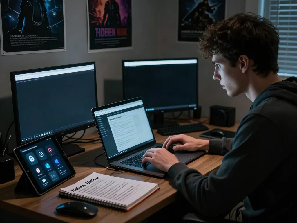 The hidden wiki dark web navigation scene with a focused user on multiple devices, exploring encrypted communication.