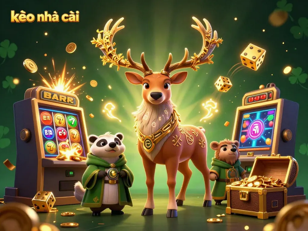 Experience the excitement of kèo nhà cái with a druid stag, a badger, and vibrant casino elements.