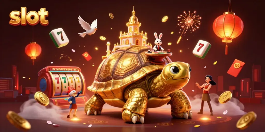 Menggandeng slot dengan jackpot besar, gambar 3D kura-kura emas memainkan permainan kasino dengan dealer kelinci dan koin berkilau.