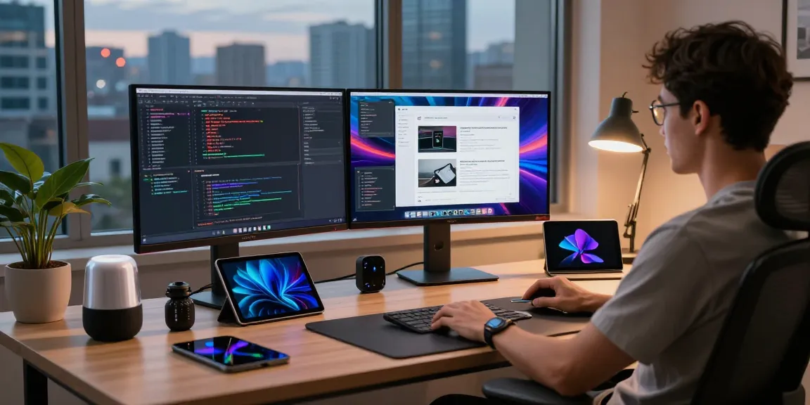 Dynamic workspace with M5 MacBook on dual monitor setup, showcasing technology and design.