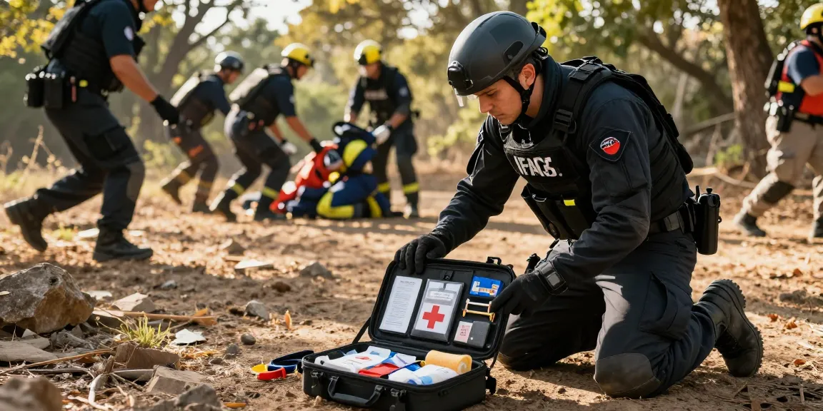 Tactical First Aid Kit displayed during an emergency response drill, showcasing organized medical supplies ready for quick access in critical situations.