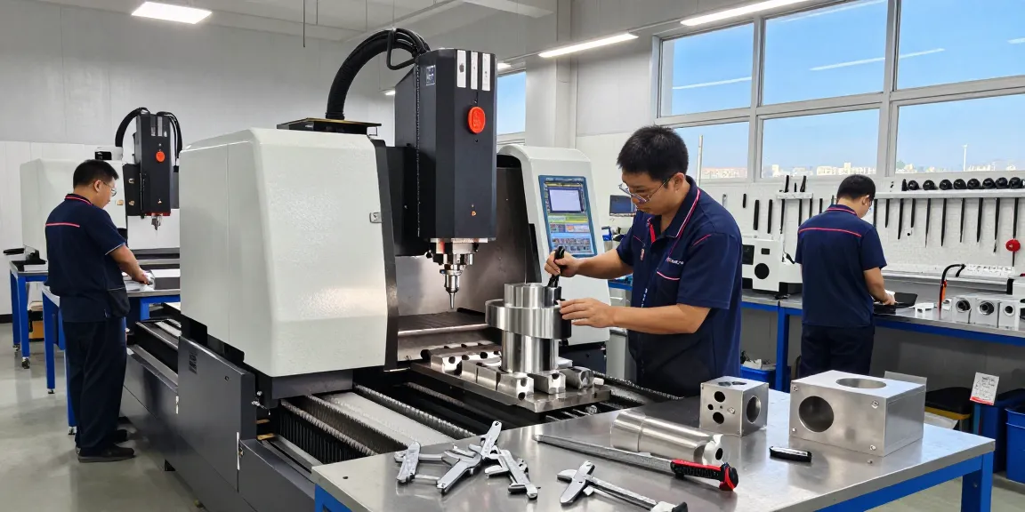cnc stainless steel parts suppliers in a modern machining workshop with technicians.