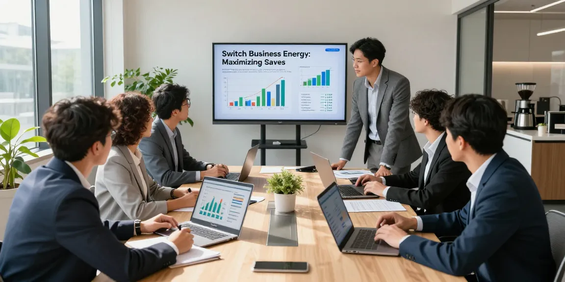 Team meeting in a modern office focused on how to switch business energy for cost savings.