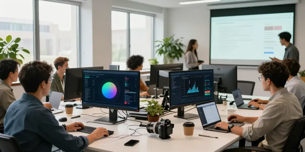 Team collaborating on microsoft azure managed services metrics in a bright office.