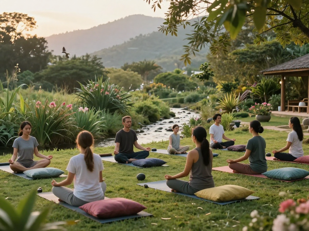 Individuals practicing mantra 88 meditation outdoors in a serene retreat setting surrounded by nature.