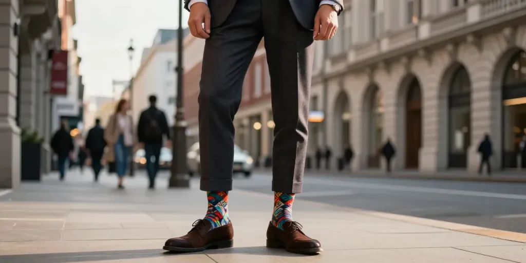 Luxury socks styled elegantly with tailored suit in urban setting