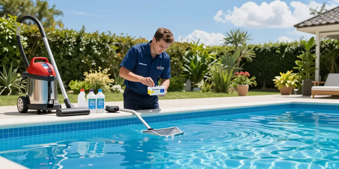 održavanje bazena technician testing water quality while maintaining a sparkling pool