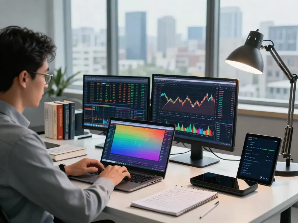 Trader using TradingView platform in a professional workspace, analyzing market data.
