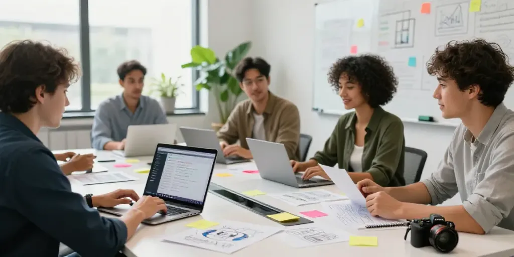 Collaborative team using an AI content writer tool in a modern office setting.