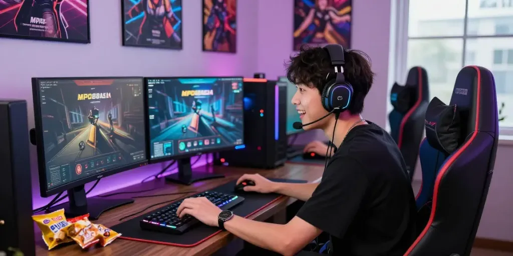 Exciting gaming setup showcasing an MPO88ASIA player immersed in action, surrounded by vibrant RGB lighting and gaming gear.