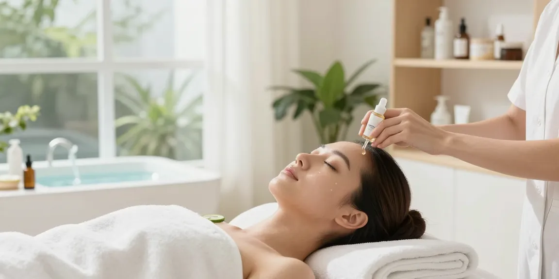 Model applying Nourish and Hydrate Serum in a tranquil spa setting with soothing elements.