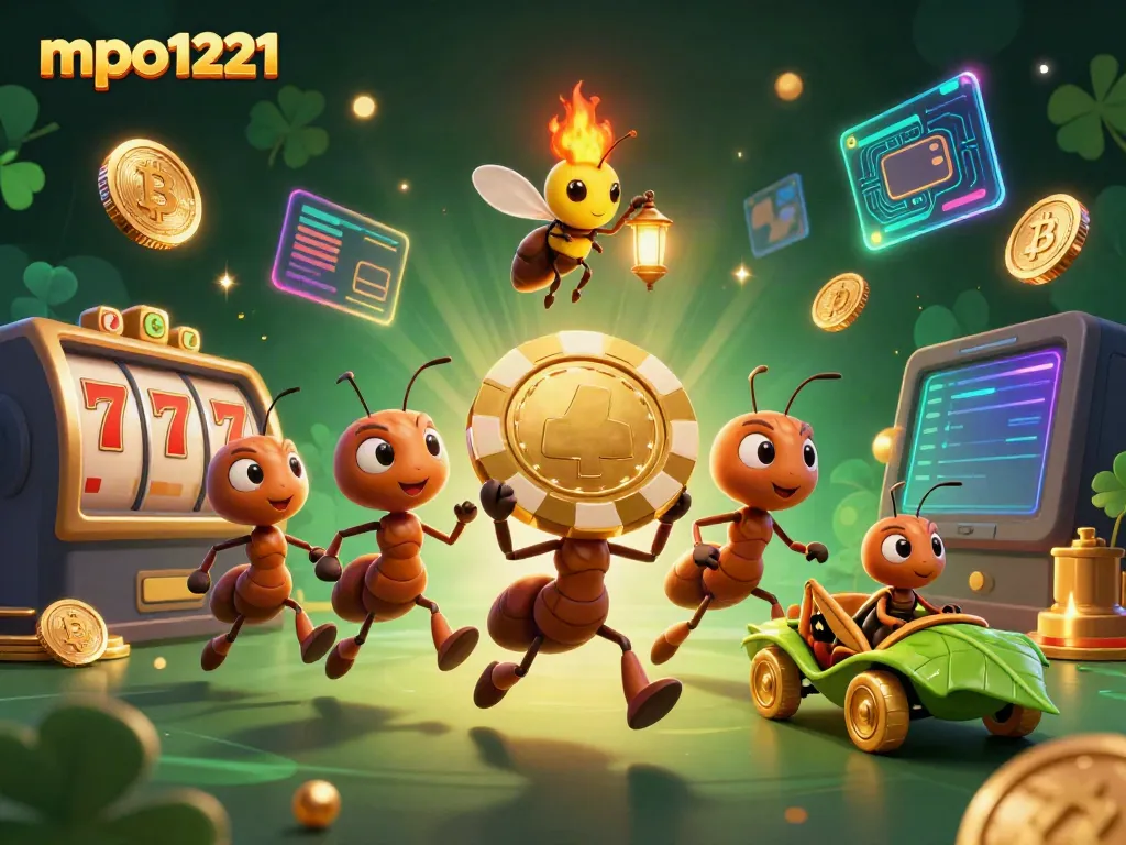 Ants orchestrate a heist carrying oversized poker chips at mpo1221, with crypto coins and jackpot elements.