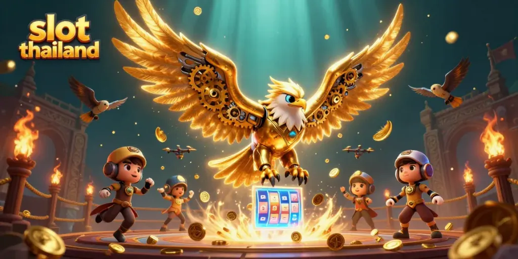Experience thrilling gameplay in slot thailand with a cybernetic golden eagle amidst vibrant slot reels.