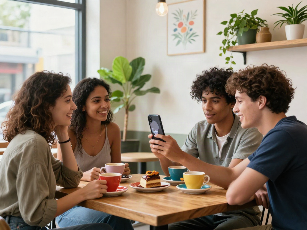 Friends enjoying each other’s company while exploring a test of attractiveness app in a café.