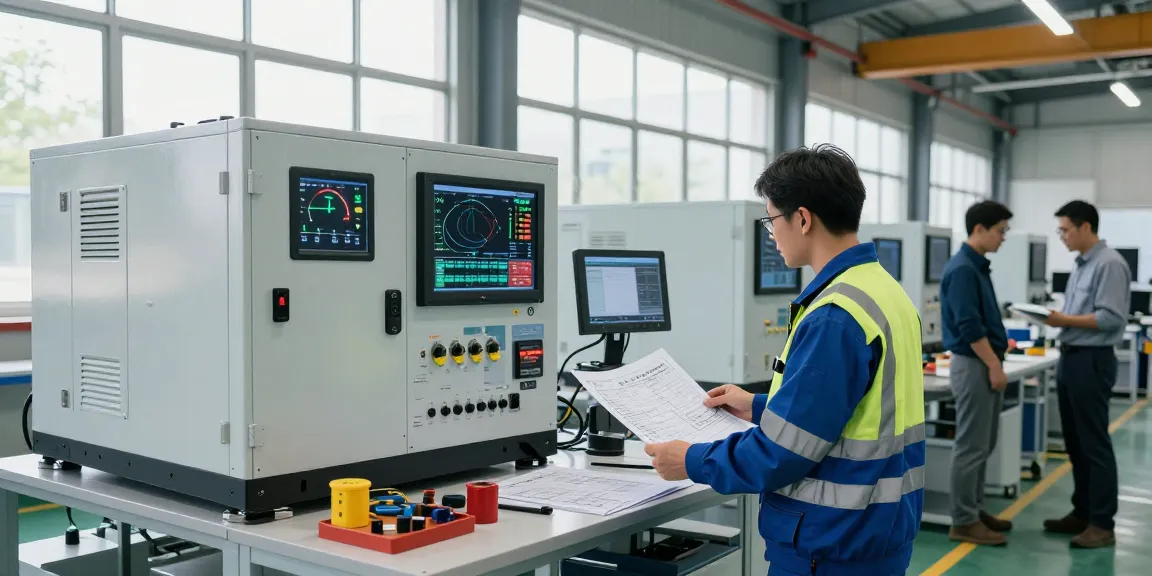 Industrial generator solutions in a modern manufacturing facility with engineers collaborating on advanced power generation technology.