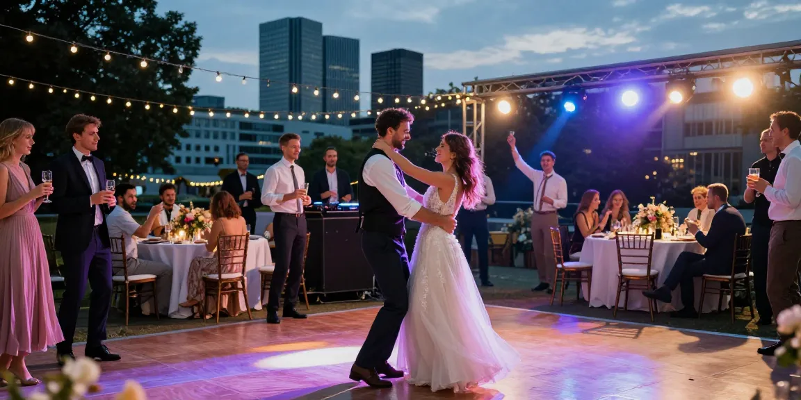 DJ für Hochzeit Berlin: Festliche Hochzeit mit DJ in Berlin, glückliches Paar tanzt im Stadtsetting.