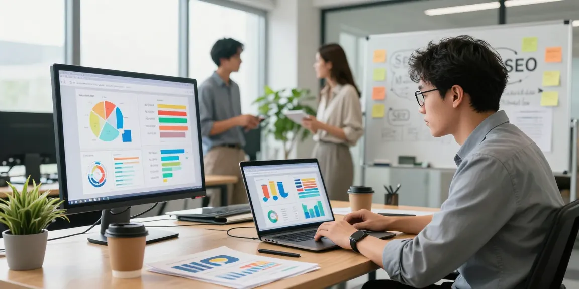SEO specialist reviewing metrics in modern office to Buy Backlinks strategically for clients.