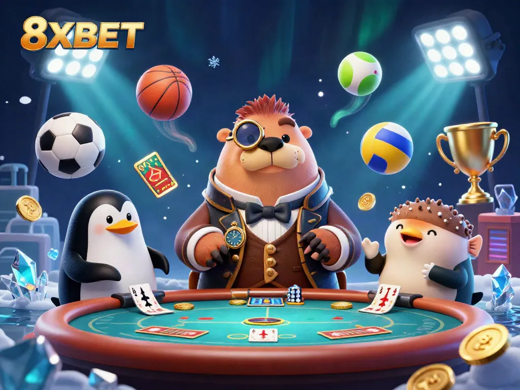 Engage in thrilling poker action with 8XBET at a dynamic underwater scene featuring a walrus, penguin dealer, and pufferfish player.