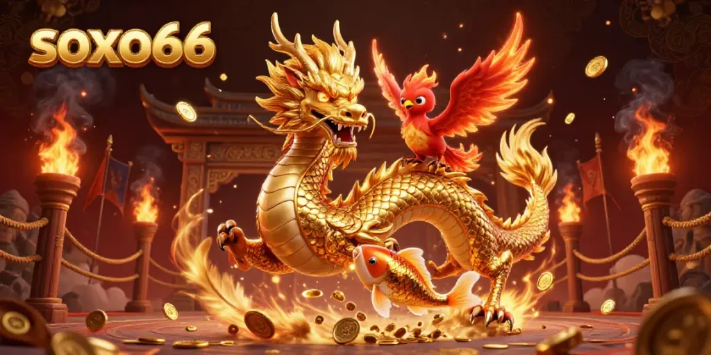 Immerse in the soxo66 experience with a dynamic 3D dragon and phoenix surrounded by coins and gaming elements.