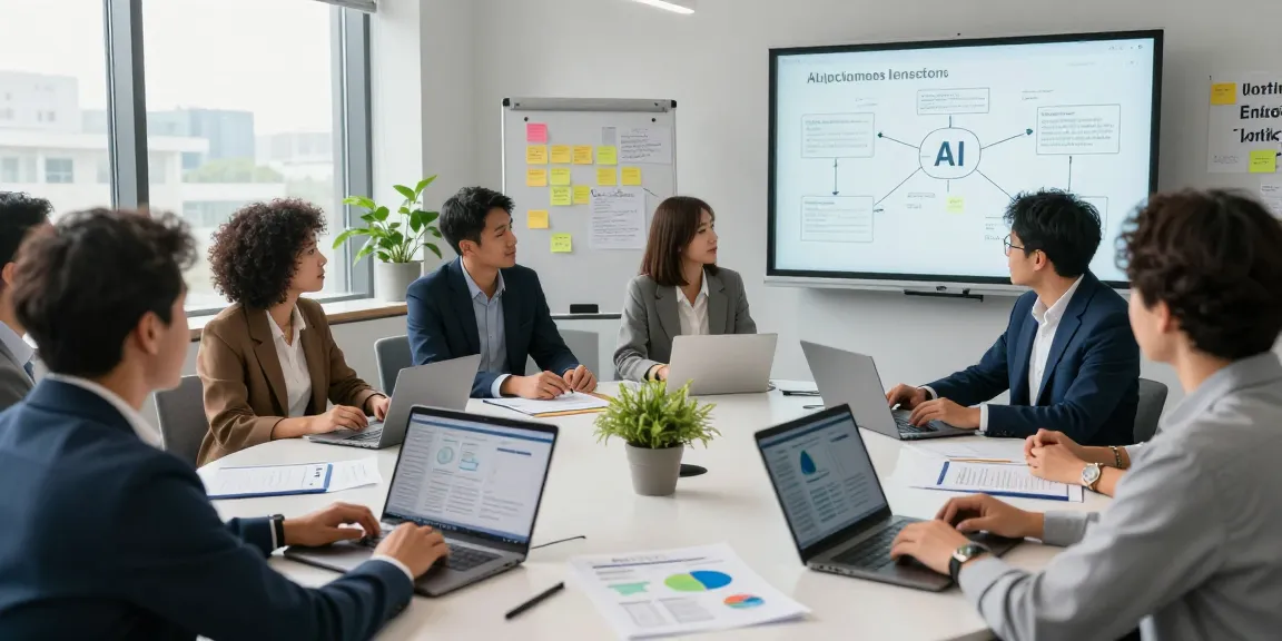 How to turn AI into business via innovative teamwork discussing data analytics and strategies in a corporate workspace.